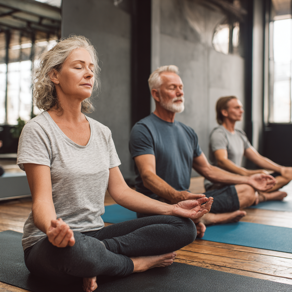 middle-aged adults practicing gentle yoga poses in peaceful studio environment
