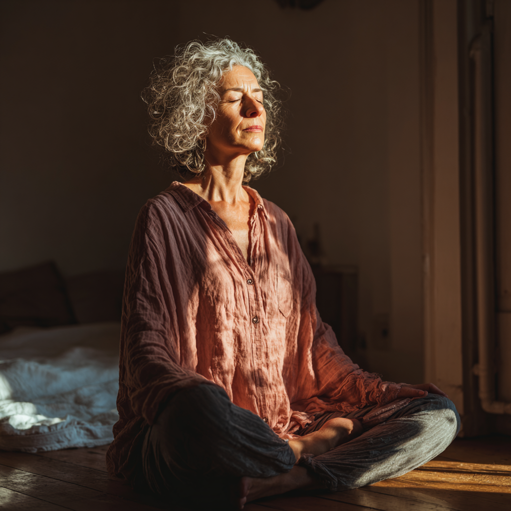 middle-aged woman practicing serene meditation in natural lighting